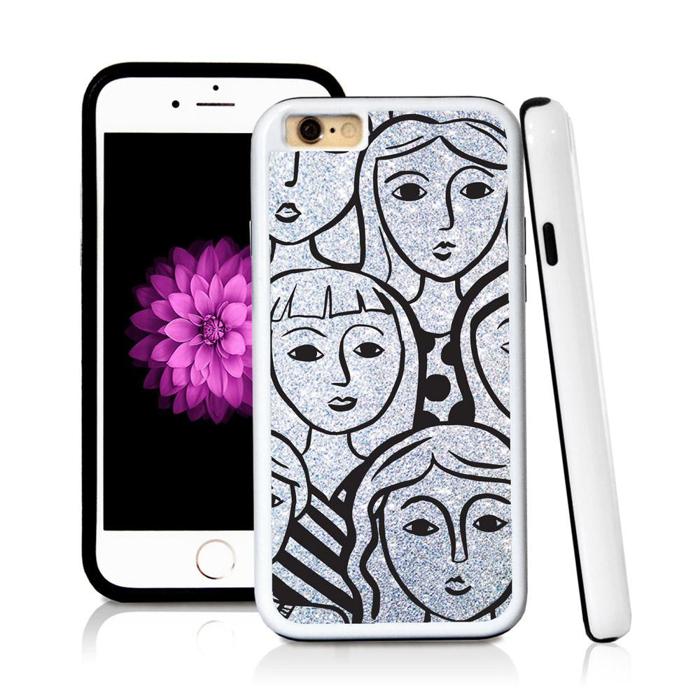 iPhone 6 case Face illustrations in Silver Glitter Texture with hard plastic and rubber protective cover