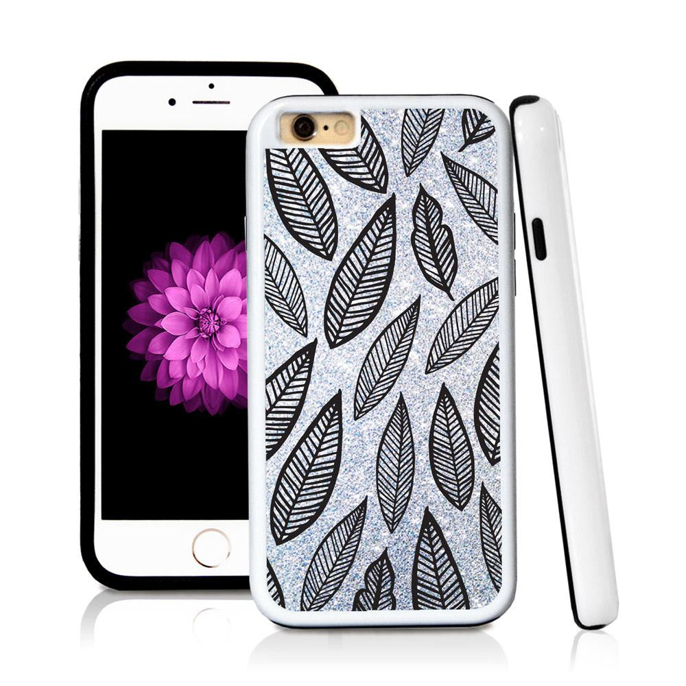 iPhone 6 case Leaves illustration pattern in Silver Glitter Texture with hard plastic and rubber protective cover