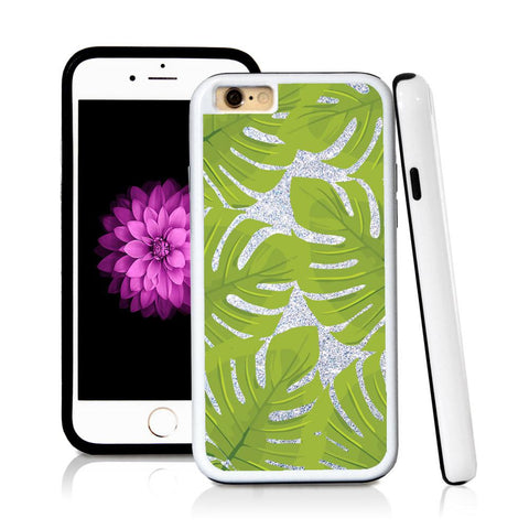 iPhone 6 case Tropical leaves green wide in Silver Glitter Texture with hard plastic & rubber protective cover